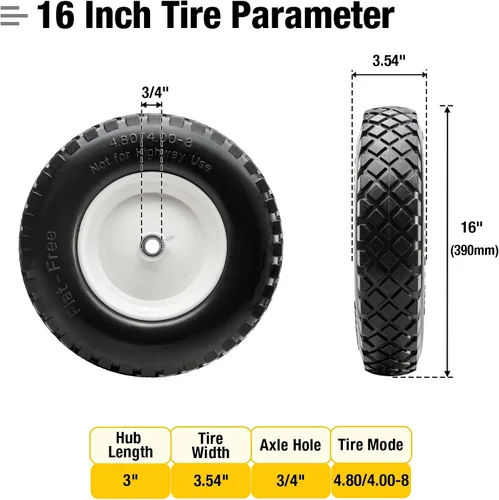 Miniatura 2 de 16" Neumático plano sin cámara de PU 4.80/4.00-8" sólido con rodamiento de bolas de 3/4" y cubo central de 3"-8", rueda universal para carretilla