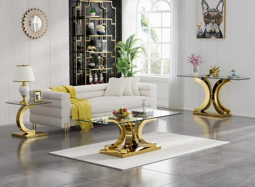 Miniatura 116 de Mesa de centro de cristal de lujo, mesa de centro de sofá de 47 pulgadas con marco de acero inoxidable dorado y parte superior de vidrio negro, mesa