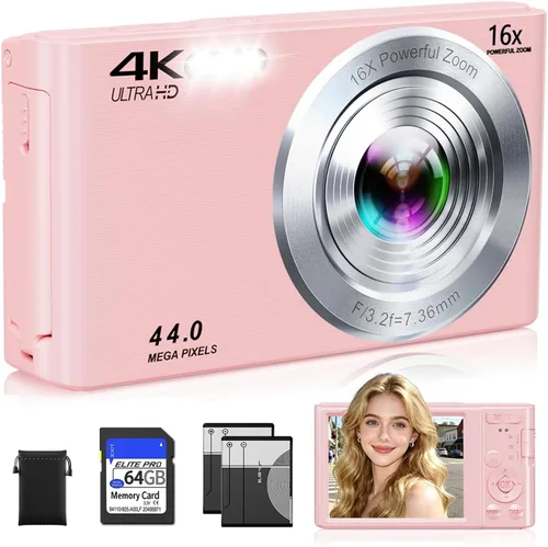 Miniatura 13 de Cámara digital 4K, cámara digital compacta digital de enfoque automático, zoom digital de 16X, cámara de viaje mejorada con tarjeta SD de 64 GB, 2