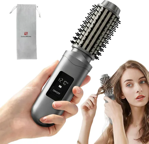 Cepillo alisador de pelo inalámbrico, mini cepillo de rizador de pelo con 3 controles de temperatura, rizador de pelo recargable antiquemaduras con