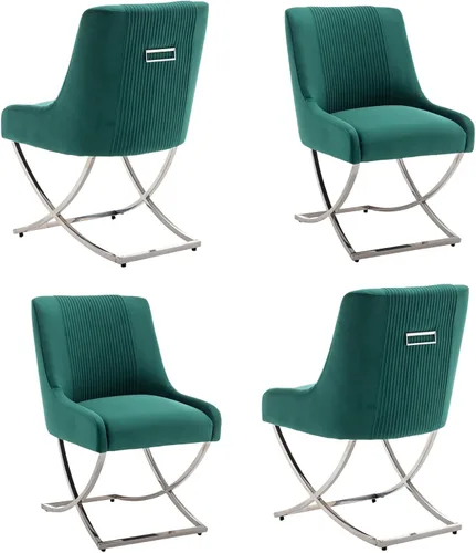 Miniatura 9 de Juego de 2 sillas de cocina y comedor, de terciopelo tapizado moderno, sillas de metal copetudas contemporáneas con patas plateadas en forma de X