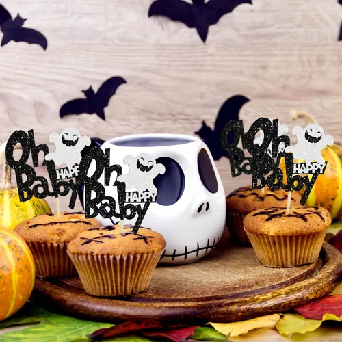 Miniatura 4 de Ephlyn 24 adornos negros para cupcakes con temática de Halloween, baby shower, niños, fiesta de cumpleaños, suministros de decoración de pasteles
