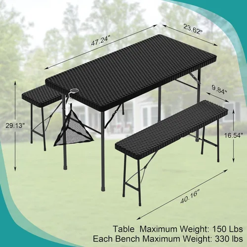 Miniatura 2 de VECELO Mesa de picnic plegable de 3 piezas con 2 bancos, juego de patio de ratán sintético de 47.2 pulgadas con bolsa de malla, resistente al calor