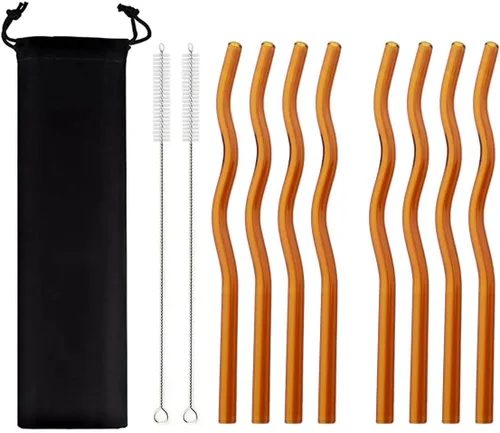 Miniatura 12 de JASHII Pajitas de vidrio onduladas incoloras, 8 pajitas de vidrio reutilizables de 7.87 x 0.31 pulgadas con bolsa negra, multicolor para beber