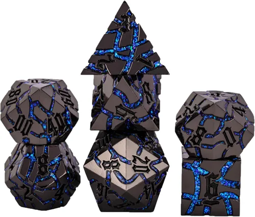 Miniatura 11 de Juego de Dados de Metal DND, Conjunto de 7 Dados Poliédricos D&D, Conjunto de Dados con Grietas Brillantes para Juego de Rol Calabozos y Dragones