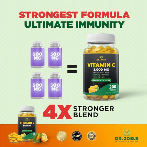 Miniatura 4 de Dr. JOEL'S Vitamina C de apoyo inmunológico 2000 mg - 200 tabletas - con zinc, saúco, rosa mosqueta, equinácea - Impulsa el sistema inmunológico
