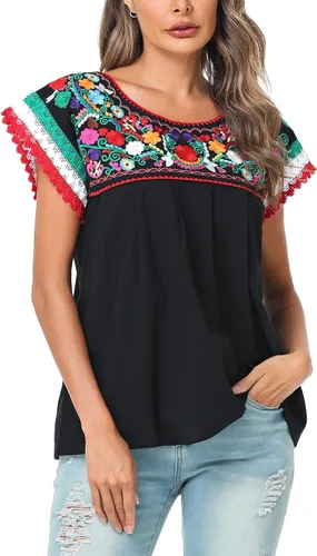 Miniatura 4 de YZXDORWJ Blusa tradicional colorida con encaje bordado mexicano para mujer, camiseta tricolor para el día de la independencia mexicana
