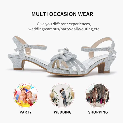 Miniatura 6 de Sandalias para niñas, zapatos de vestir para fiesta de boda, puntera abierta, tacones altos con purpurina para niños pequeños y grandes