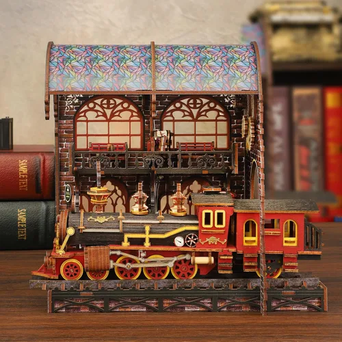 Miniatura 2 de Kit de rincón de libros, kit de bricolaje en miniatura de casa de muñecas con tren de vapor, rompecabezas de madera 3D para colgar libros con LED