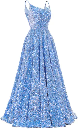 Tianzhihe Vestidos de fiesta con tirantes delgados, vestidos de fiesta largos con lentejuelas, vestidos de fiesta formales brillantes acampanados,