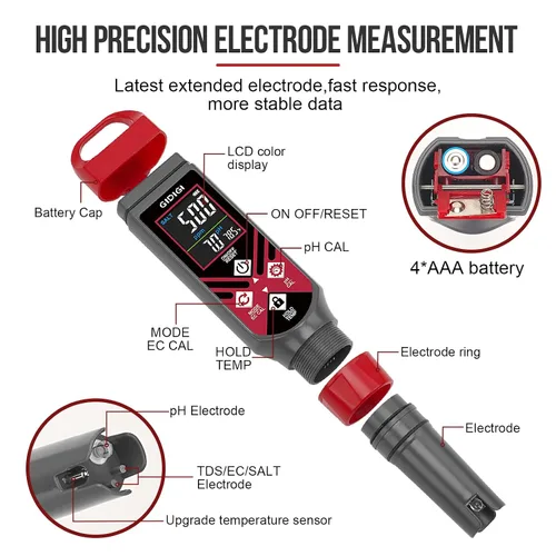 Miniatura 3 de Medidor digital de pH de piscina y probador de sal con batería AAA 5 en 1 pluma de pH Medidor de pH de sal roja
