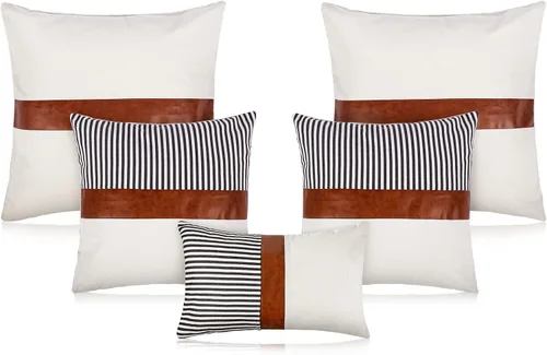 Tradder Juego de 5 fundas de almohada decorativas de 20 x 20 pulgadas, 18 x 18 pulgadas, 12 x 20 pulgadas, modernas, de piel sintética y lino a