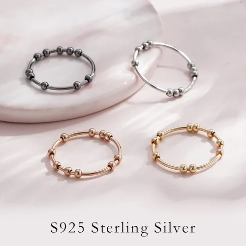 Miniatura 7 de Ursilver Anillo giratorio de plata de ley S925 para mujeres, anillo de ansiedad, anillo para aliviar el estrés con cuentas, anillo fidget, plata