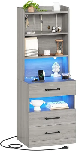 Miniatura 11 de AOGLLATI Mesita de noche alta con estación de carga y luces LED, mesita de noche con 3 cajones y estantes de almacenamiento, mesita de noche