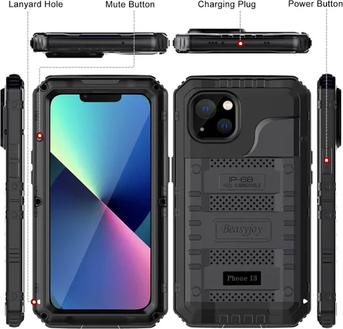 Miniatura 7 de Beasyjoy Funda impermeable para iPhone 13, funda de metal con protector de pantalla integrado, resistente protección de cuerpo completo, grado