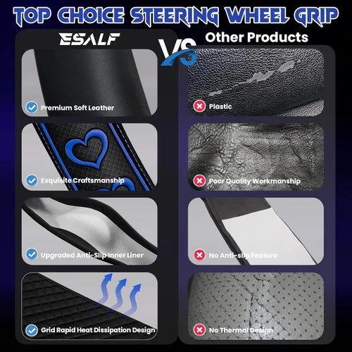 Miniatura 2 de Funda para volante ventilada en forma de corazón con agarre de cuero antideslizante. Compatible con vehículos Ford, Toyota, Honda, Nissan y azul
