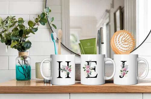 Miniatura 7 de Retreez Ramo botánico floral inicial A-Z con monograma, taza con monograma de cerámica de 11 onzas, regalo de agradecimiento de agradecimiento