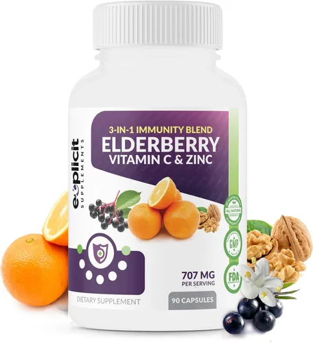 Miniatura 7 de Suplemento natural de baya de saúco, vitamina C y zinc, triple refuerzo de inmunidad, suministro extra fuerte para 3 meses, apoya la salud