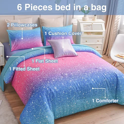 Miniatura 4 de A Nice Night Juego de ropa de cama de 6 piezas con purpurina degradada para niñas, tamaño Twin, juego de edredón colorido de galaxia arcoíris, Azul