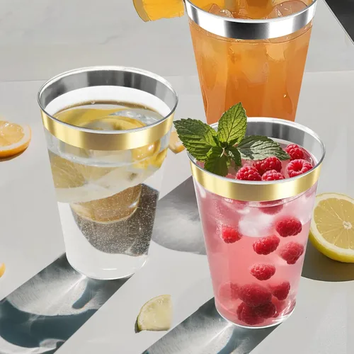 Miniatura 6 de Byvivace Vasos de plástico transparente de 12 onzas con borde dorado, resistentes y aptos para alimentos, desechables, copas de vino, copas de boda