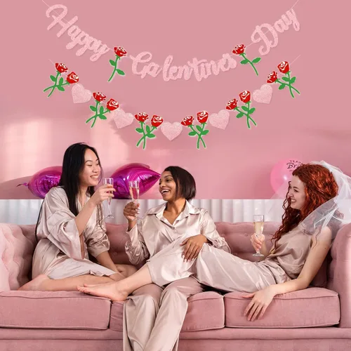Miniatura 6 de Cartel de Feliz Día de Galentine – Decoración del Día de Galentine con purpurina rosa, pancarta de guirnalda de corazón rosa para damas, niñas