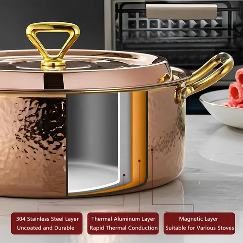 Miniatura 5 de YJX olla de 4.2QT con tapa martilleada, oro rosa de cobre, acero inoxidable tricapa, utensilio de cocina multifuncional para hornear, asar, guisar