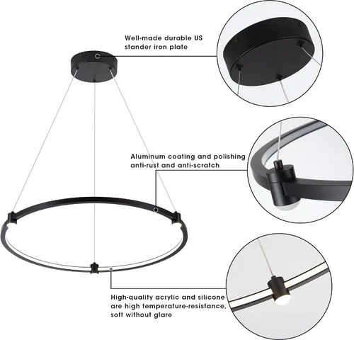 Miniatura 8 de Lámpara colgante LED moderna regulable de 23.6 pulgadas, color negro, 1 anillo circular, para sala de estar, comedor, cocina, oficina, vestíbulo