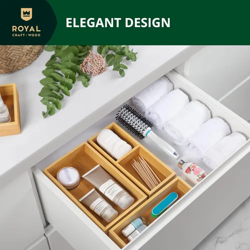Miniatura 6 de ROYAL CRAFT WOOD Caja organizadora de cajones de bambú de lujo, juego de contenedores para cocina, baño, escritorio de oficina, maquillaje, joyas, 3