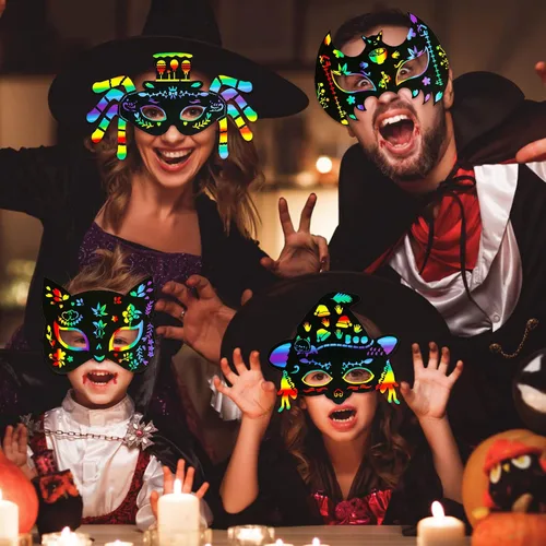 Miniatura 5 de MGparty Juego de 24 máscaras de rascar de Halloween para manualidades, arte de papel mágico para niños, actividades en el aula, recuerdos de fiesta