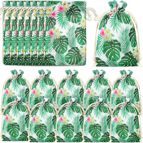 Miniatura 7 de Saintrygo 20 bolsas de regalo tropicales, bolsas de regalo de Hawaii, bolsas de regalo Luau para fiesta, bolsas de regalo con cordón de hoja