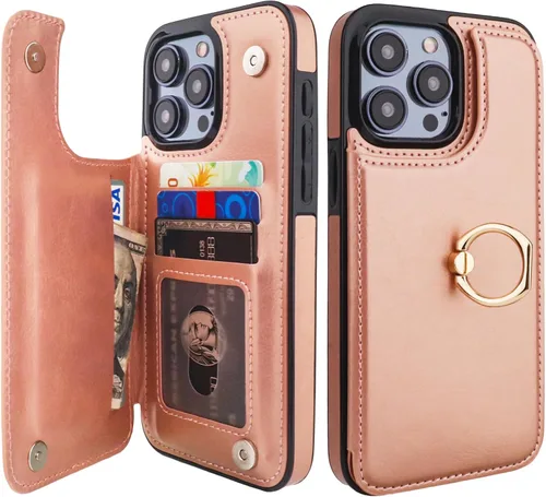 Miniatura 11 de ONETOP Funda tipo cartera para iPhone 15 Pro Max con soporte para tarjetas, anillo de rotación de 360°, función atril, bloqueo RFID, piel sintética