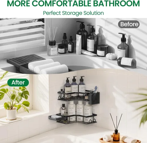 Miniatura 6 de Organizador de ducha adhesivo, paquete de 2 organizadores de baño esquineros, estantes de ducha de acero inoxidable a prueba de óxido con gran