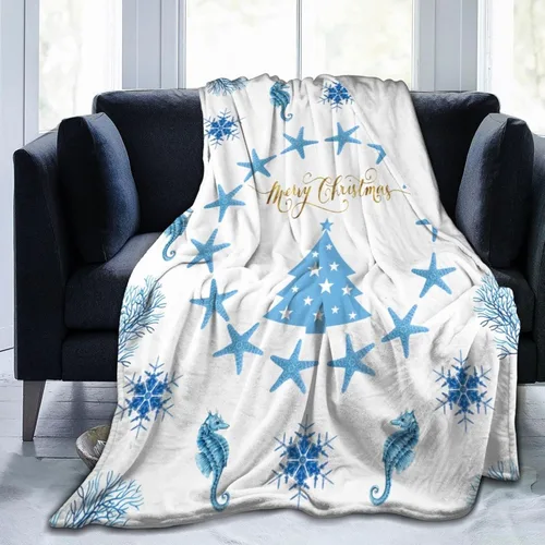Manta de Navidad de 50 x 40 pulgadas, diseño de caballito de mar, estrellas de mar, estrellas de mar, franela suave y cálida, regalo para adultos