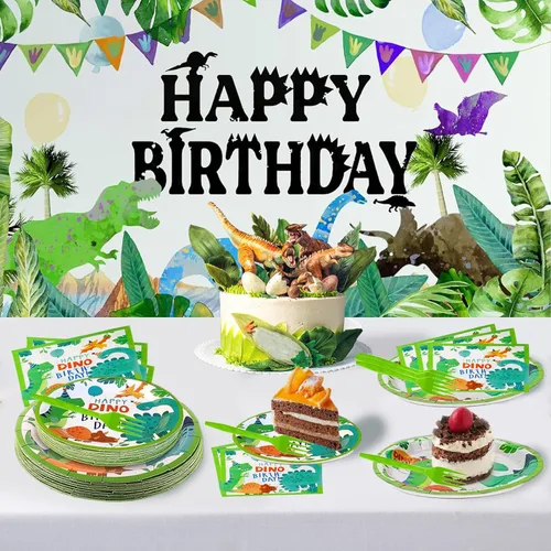 Miniatura 6 de 96 piezas de suministros de fiesta de dinosaurios, decoración de fiesta de cumpleaños con temática de dinosaurio, incluye platos, servilletas