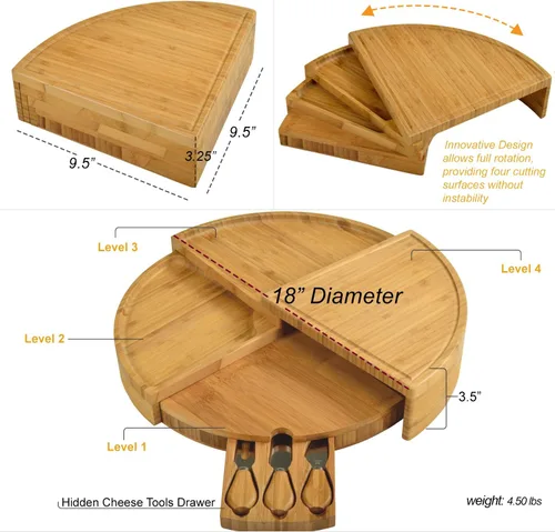 Miniatura 3 de Picnic at Ascot Juego de tablas patentadas de bambú para queso/charcutería con cuchillos de queso, se almacena como una cuña compacta, se abre a 18