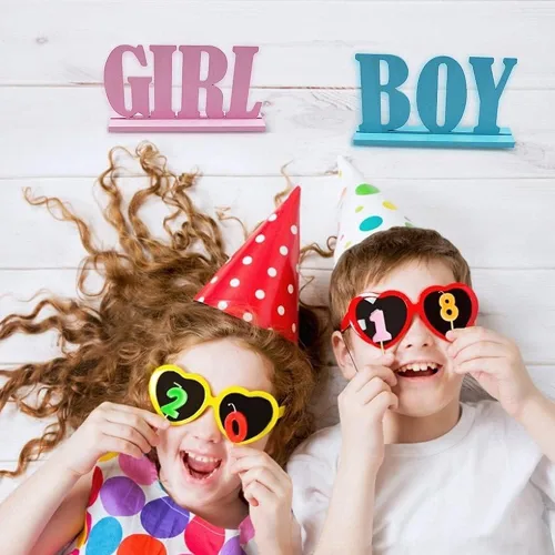 Miniatura 2 de Decoraciones de mesa de madera para niños y niñas, decoración de mesa de revelación de género, letreros de mesa con bases para centros de mesa