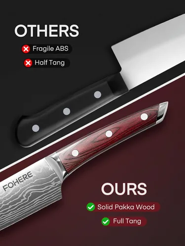Miniatura 4 de FOHERE Juego de cuchillos de chef, 5 cuchillos de cocina ultra afilados con mango ergonómico de madera de Pakka roja, juego de cuchillos
