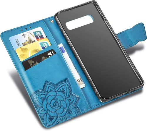 Miniatura 7 de Funda protectora de piel sintética para Samsung Galaxy S10e, con tapa para mujer, con correa para la muñeca, ranuras para tarjetas, bolsillo en Azul