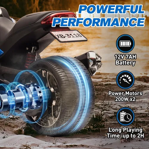 Miniatura 7 de Motocicleta eléctrica para niños de 12 V, rueda eléctrica de 3 ruedas, con luces LED, neumáticos EVA, velocidad alta y baja, bocina, música, azul