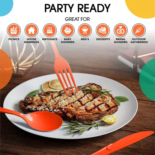 Miniatura 6 de Exquisite Cucharas de plástico naranja, 50 piezas, cucharas naranjas, utensilios desechables, juego de cubiertos de plástico resistente