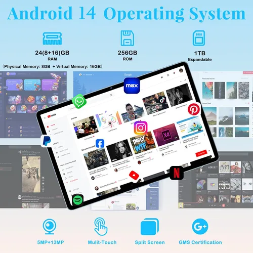 Miniatura 3 de Tablet de 11 pulgadas, tabletas Android 15 2026 con Octa Core, 24GB+256GB, cámara de 13+5MP, tabletas electrónicas con Widevine L1, batería de Azul