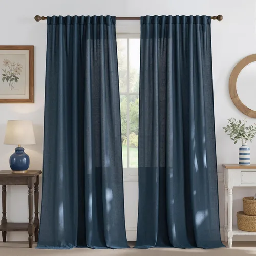 Miniatura 14 de NICETOWN - Cortinas gruesas de lino para sala de estar, juego de 2 paneles, con trabilla trasera/bolsillo para barra y cinta de pliegues, privacidad
