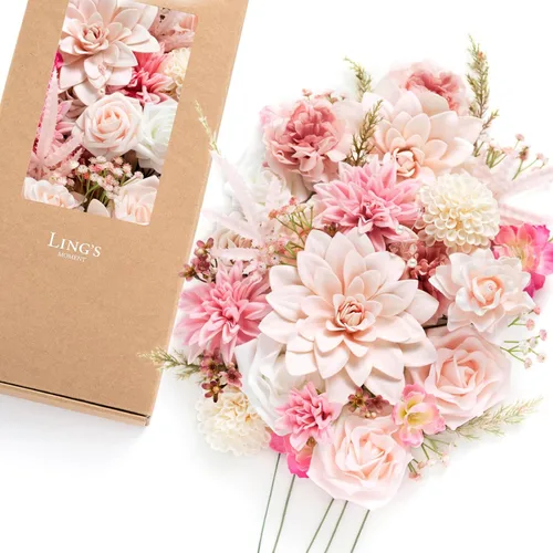 Miniatura 24 de Ling's moment Caja de Flores Falsas, Tallos de Vegetación Artificial Falsa, Rosas de Espuma, Gardenias, Hortensias de Seda, Ranúnculos, Flor de Tela