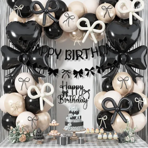 Decoraciones de fiesta de cumpleaños con lazo negro, lazo de coqueta, globos de color negro, arena, blanco, beige con lazos, decoración de pancarta