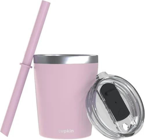 CUPKIN - Taza apilable de acero inoxidable para niños, taza de batido, tazas aisladas con recubrimiento en polvo, tapa libre de BPA y pajilla de Rosa