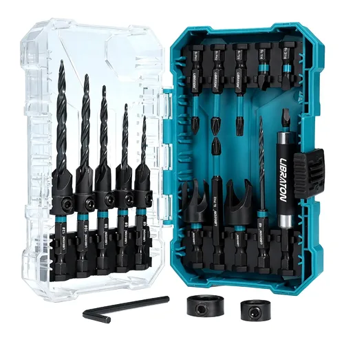 Libraton Juego de Brocas Avellanadoras, 19 Piezas Brocas Cónicas para Carpintería, Broca Avellanadora Cortador de Tapones de Madera Portabrocas
