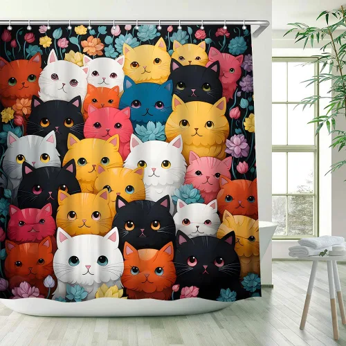 Miniatura 3 de Divertida cortina de ducha con diseño de gato y dibujos animados, diseño floral, encantador, animal, amante de las mascotas, decoración de baño