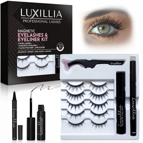 Kit de pestañas magnéticas Luxillia – 8 piezas (claras y negras) Juego de pestañas magnéticas y delineador con aplicador – aspecto natural, fácil de