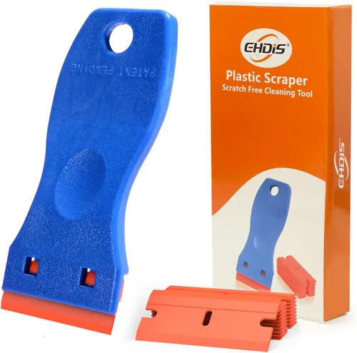 EHDIS Rascador de plástico de 1.5 pulgadas con 10 cuchillas de plástico de doble borde para quitar etiquetas, calcomanías en ventanas de vidrio Azul
