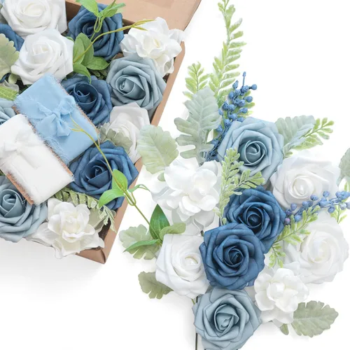 Miniatura 42 de Ling's moment Caja de Flores Falsas, Tallos de Vegetación Artificial Falsa Rosas de Espuma Dalias de Seda Hojas de Rosa Flor de Tela para Centros